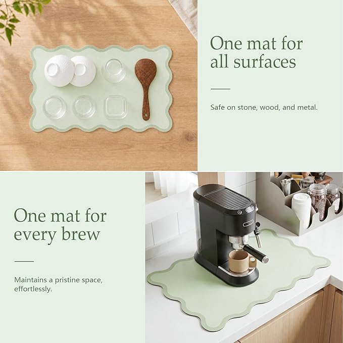 Scalloped Dish Drying Mat for Kitchen Counter, Absorbent Easy Clean Non-slip Coffee Bar Station Accessories, Trendy Cute Aesthetic Modern Drainer Kitchen Drying Mat, Sage Green 15" x 24"