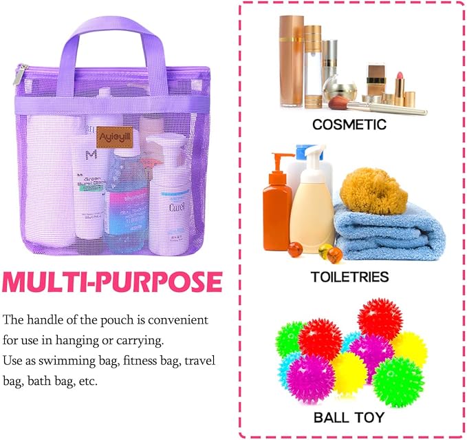 3 Pcs Portable Mesh Shower Caddy Tote, Quick Dry Tote Bag Mesh Beach Bags for Women, Hanging Toiletry and Bath Organizer for Travel Swimming Sports Gym Camp Shopping College Dorms (Pink Purple Rose)