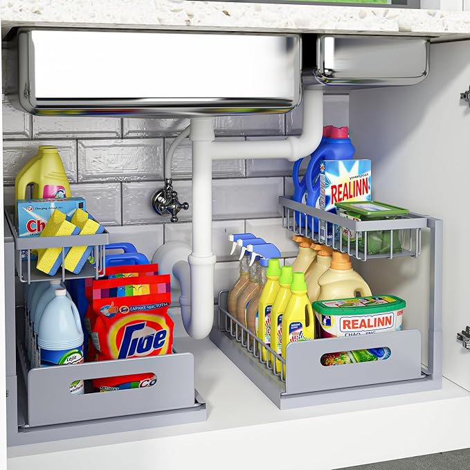 REALINN Under Sink Organizer, Pull Out Cabinet Organizer 2 Tier Slide Out Sink Shelf Cabinet Storage Shelves, Storage for Kitchen Bathroom, Grey, 2 Pack