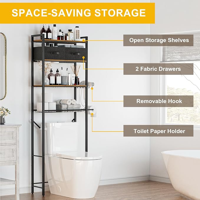 Over The Toilet Storage with Adjustable Wooden Shelves and 2 Fabric Drawers, 4-Tier Over Toilet Bathroom Organizer, Small Freestanding Storage Shelf for Toilet Paper, Towels, Toiletries