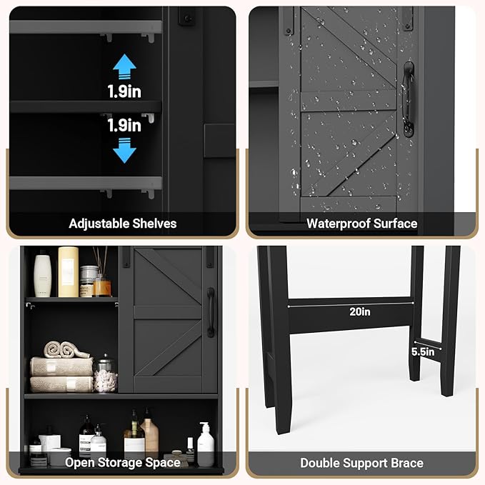 Over The Toilet Storage Cabinet, Bathroom Organizer with Adjustable Shelves and Anti-Tip Device, Space-Saving Storage Solution, Black