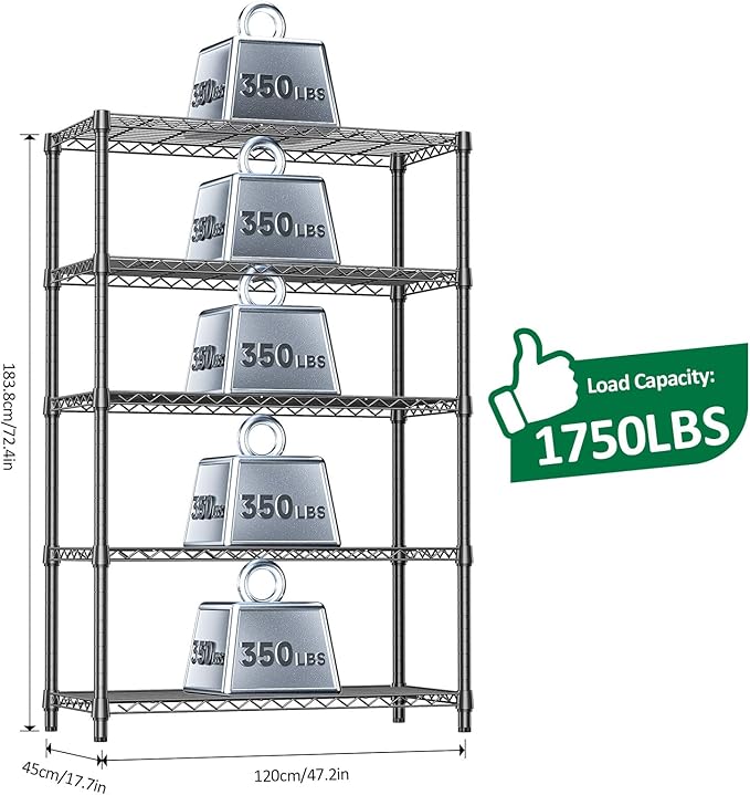 IZEUK 5-Tier Heavy Duty Metal Storage Shelving Unit, Adjustable Steel Wire Rack Shelf Organizer for Garage, Kitchen, Basement, Laundry, Office(Black, 17.7" D x 47.2" W x 72.3" H, 1750 lbs Capacity)