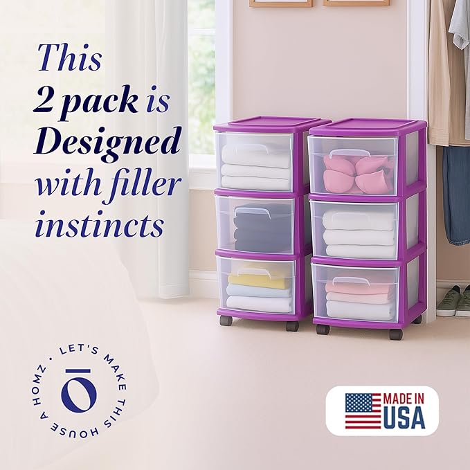 HOMZ 2-Pack Drawer Tower, 3-Tier Clear Plastic Storage Organizer Cart, Purple Frame - Organizing Containers with Wheels for Home, Bathroom, Bedroom, Office, and Classroom