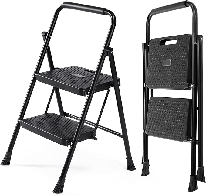 DUMOS Step Ladder, 2 Sturdy Step Stool with Anti-Slip Pedal & Comfortable Handrail, Portable Heavy Duty Stool for Kitchen, Garage & Outdoor Use, 800lbs, Elegant Black