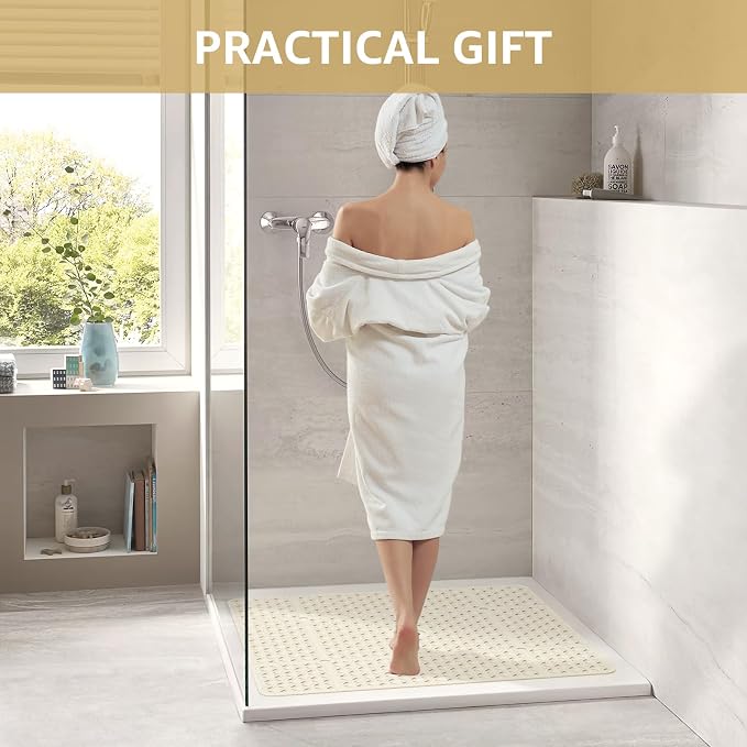 OTHWAY Square Shower Mat, 27"x 27" Extra Large Shower Mats for Inside Shower, TPE Anti Slip Shower mat with Suction Cups Drain Holes, Machine Washable Shower Floor Mat (Beige)