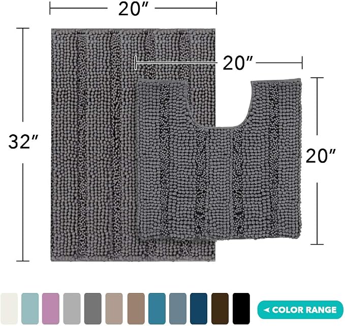 Turquoize Chenille Bathroom Rugs Set Non-Slip Bath Mats for Bathroom Super Absorbent Shaggy Rugs for Tub Shower Toilet Plush Bath Rug Plus U Shaped Rug (Standard: 20" x 32" and 20" x 20" U), Gray