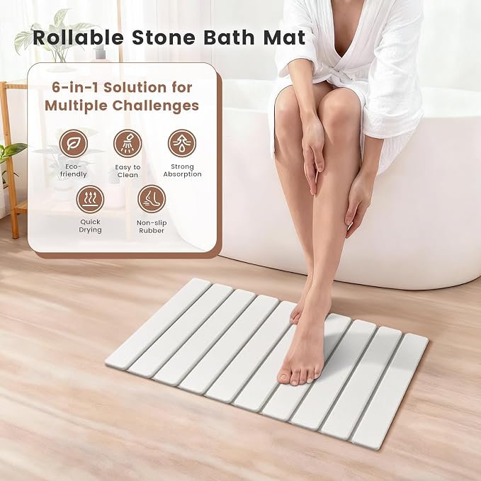 Super Anti-Slip Strong Absorbent Diatomite Pad, Stone Bath Mat 23.6 x 15.5 inches Quick-Dry Pad, Foldable and Easy to Store Bathroom Stone Bath Mat, Suitable for Bathroom, Easy to Clean