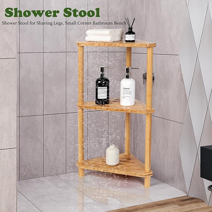 Bamboo Corner Shower Caddy Stand 3-Tier Waterproof,Free Standing Bathroom Corner Shelf Shower Stool Organizer for Inside Shower,Space-Saving Storage Shower Shelves with Anti-Slip Feet