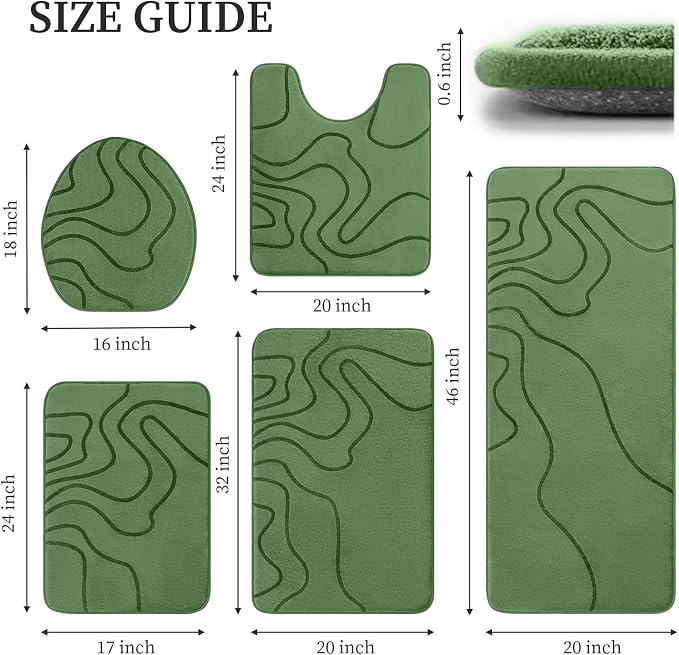YIHOUSE Memory Foam Bathroom Rugs Sets 5 Piece - Extra Thick Ultra Soft Absorbent Bath Mat Set, Non-Slip Machine Washable Bath Rugs for Bathroom, Tub & Shower, Home Decor Accessories, Olive Green