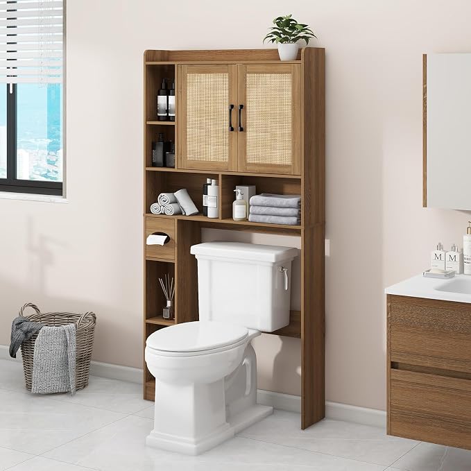 Vabches Farmhouse Rattan Storage Cabinet Over Toilet - 2 Door with Toilet Paper Holder - Space-Saving for Bathroom, Oak