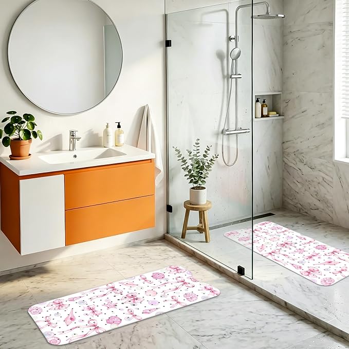 Bath Mat for Tub Non Slip, Cute Bow Bathtub Mats for Girls Non Slip Shower Mat, Machine Washable 40"x16" Long Pink Tub Mats with Suction Cups and Drain Holes for Toddler & Women, Bathroom Decor(Bows)