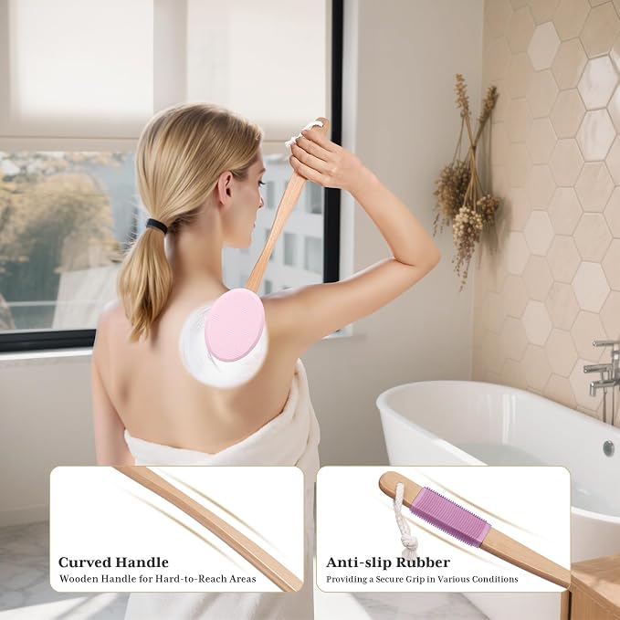 AmazerBath Lotion Applicator for Back, Feet, 4 Replaceable Pads with Long Handle, Back Sunscreen Applicator for Elderly, Women, Apply Cream Medicine Skin Cream Moisturizer Sunscreen Tanner, Pink