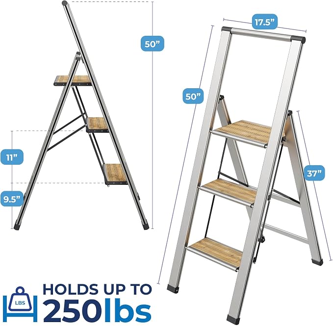 Step Ladder 3 Step Folding, Decorative - Beautiful Bamboo &Silver Aluminum, Ultra Slim Profile, Anti Slip Steps, Sturdy-Portable for Home, Office, Kitchen, Photography Use,By SORFEY