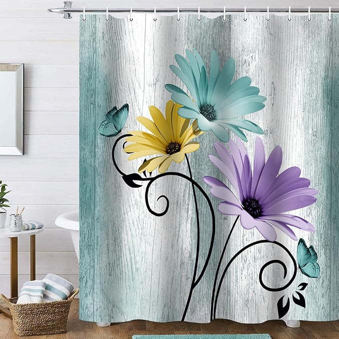 Onalasyc 4PCS Blue-Green Daisy Flowers Butterfly Shower Curtain Set with Shower Curtain and Carpet and Accessories, Waterproof Bathroom Shower Curtain Decorative Set with 12 pcs Hooks,71 x 71in