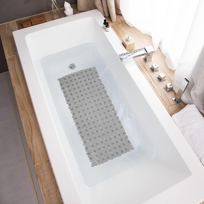 TEESHLY Bath Tub and Shower Mats, Non-Slip Pebble 35 x 16 Inches Machine Washable Bathtub Mat with Drain Holes, Suction Cups for Bathroom (Clear Grey)