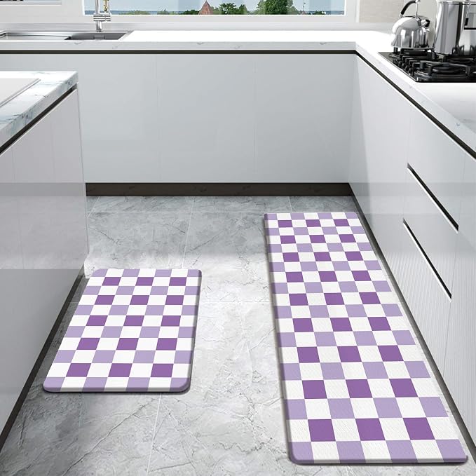 Bulijojo Purple Plaid Anti Fatigue Kitchen Floor Mats Set of 2 Waterproof Kitchen Sink Runner Rug Standing Mat Cushioned Kitchen Rugs Comfort Doormat 17"x47"+17" x30“