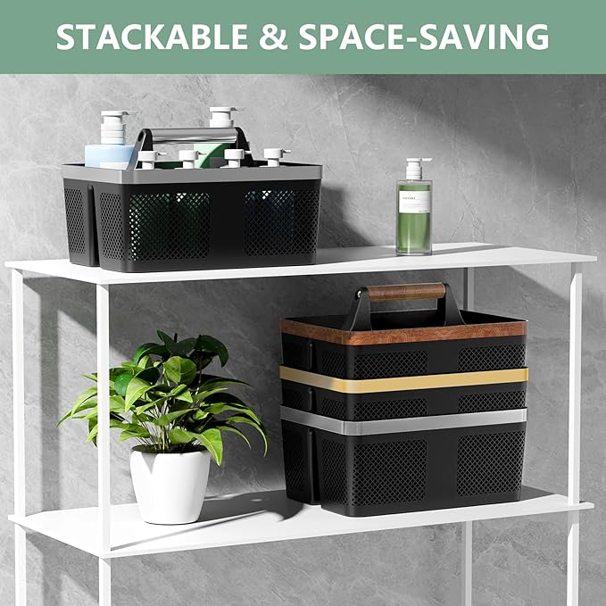 BYUNER 2Pack Shower Caddy Dorm: Portable Bathroom Caddy Organizer with Handle, Plastic Hard Shower Basket Storage Tote for Toiletry, Drainage, College Dorm Room Essentials, Black