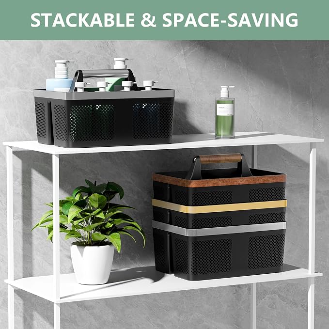 BYUNER Black Shower Caddy Portable: Plastic Bathroom Caddy Organizer with Handle and Holes, Cleaning Caddy, Hard Shower Basket Storage Tote for Toiletry, College Dorm Room Essentials for Men