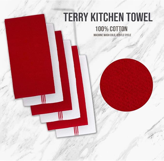 LANE LINEN 16 Pc Kitchen Dish Towels Set - 6 Absorbent Terry Kitchen Hand Towels, 6 Dish Cloths for Washing Dishes, 2 Silicone Grip Potholders & 2 Silicone Oven Mitts - Red