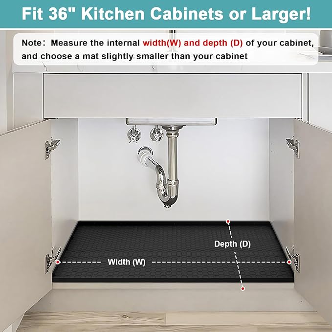 Under Sink Mats for Kitchen Waterproof, 34" x 22" Silicone Under Kitchen Sink Mats and Protectors for Cabinets, Under Sink Tray Organizer, Shelf Liners Cabinet Liner for Kitchen and Bathroom, Black