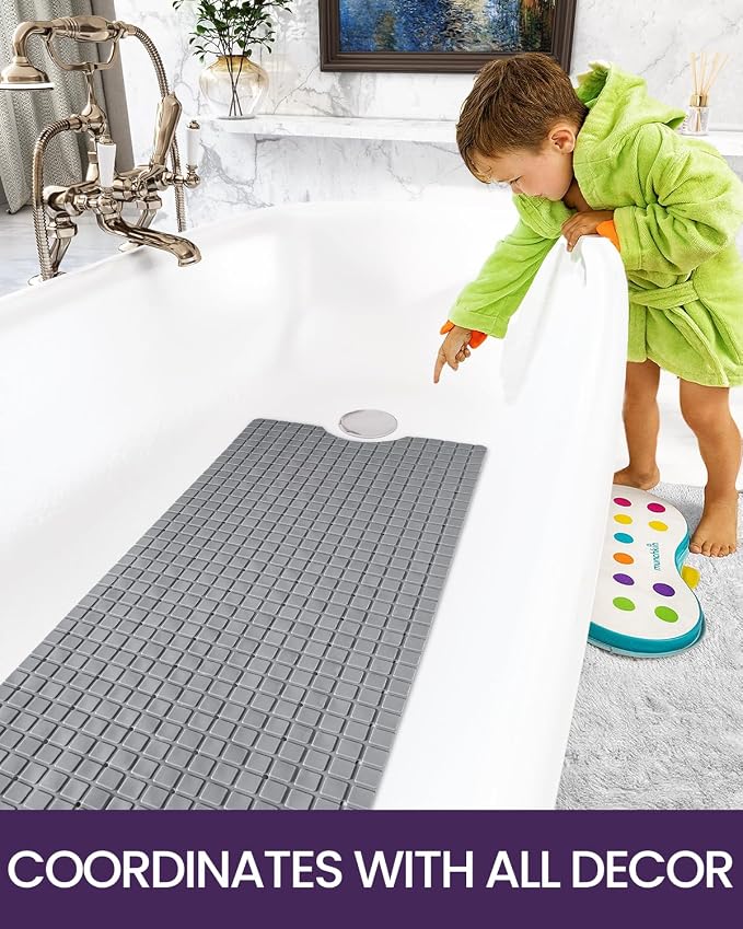 DEXI Bathtub Mat Non Slip, Extra Long 39x16, Suction Cups, Drain Holes, Machine Washable for Tub Shower Floor, Grey