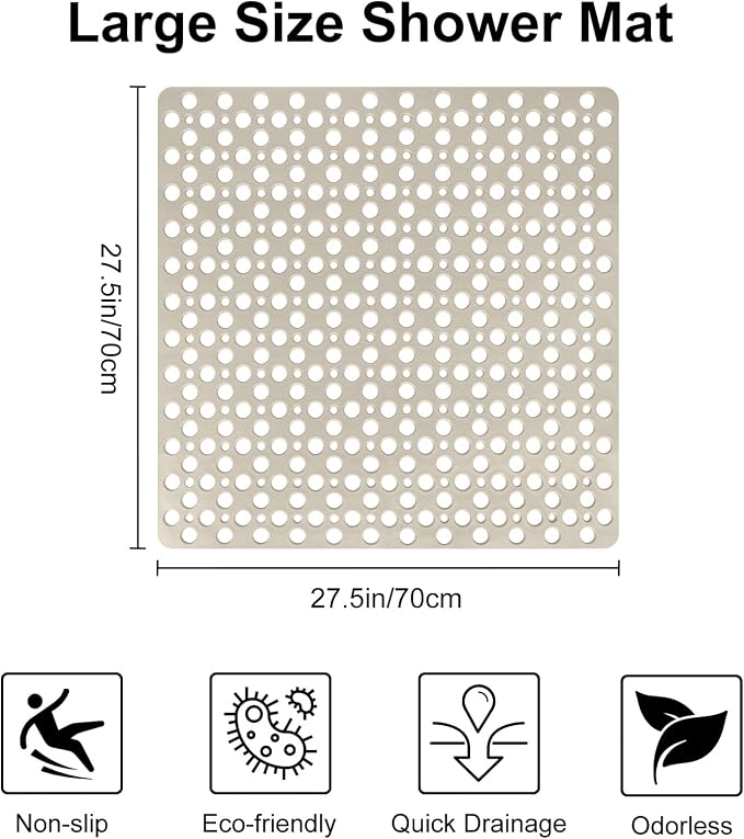 Anti Slip Shower Mat with Suction Cups,27x27 Inch Quick Drain TPE Non Slip Shower Mats for Inside Shower,Large Bath Mat for Shower Soft on Feet, Easy to Dry&Cut Machine Washable