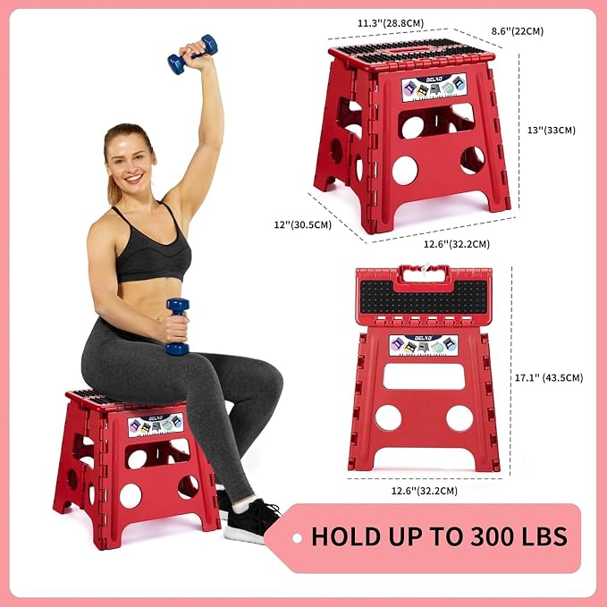 Delxo Folding Step Stool, 13 inch Non-Slip Foldable Stools Up to 300 LBS, Step Stool with Handle, Lightweight for Kitchen, Bathroom, Bedroom, Garden, Dotted Texture, Red,1PC