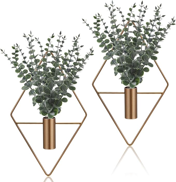 Jexine 4 Pcs Hanging Planters with Artificial Eucalyptus Metal Hanging Vase Indoor Plants Holder Modern Geometric Boho Bathroom Wall Decor for Living Room Home Office (Eucalyptus,Bronze)