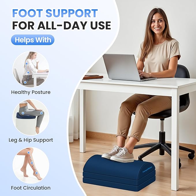 TranquilRelax Foot Rest for Under Desk at Work, Gaming Accessories Foot Stool with 3 Adjustable Heights & Washable Cover, Comfortable Office Desk Accessories, Footrest for Office, Home and Car (Blue)