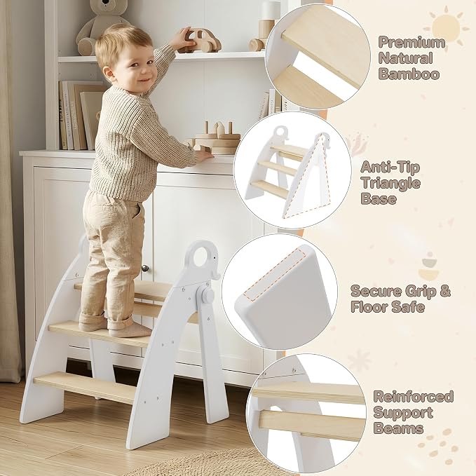 Step Stool for Toddlers, 3-Step Kids Step Stool for Bathroom Sink, Foldable Toilet Potty Training Bamboo Wooden Stool with Handles and Non-Slip Pads for Bedroom, Kitchen Stool Helper, White