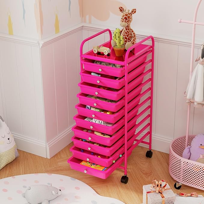 10-Drawer Rolling Storage Cart, Trolley w/Lockable 360° Wheels, 10 Removable PP Drawers, Sturdy Metal Frame, Rolling Utility Cart Perfect for Home, Office, Classroom (Hot Pink)