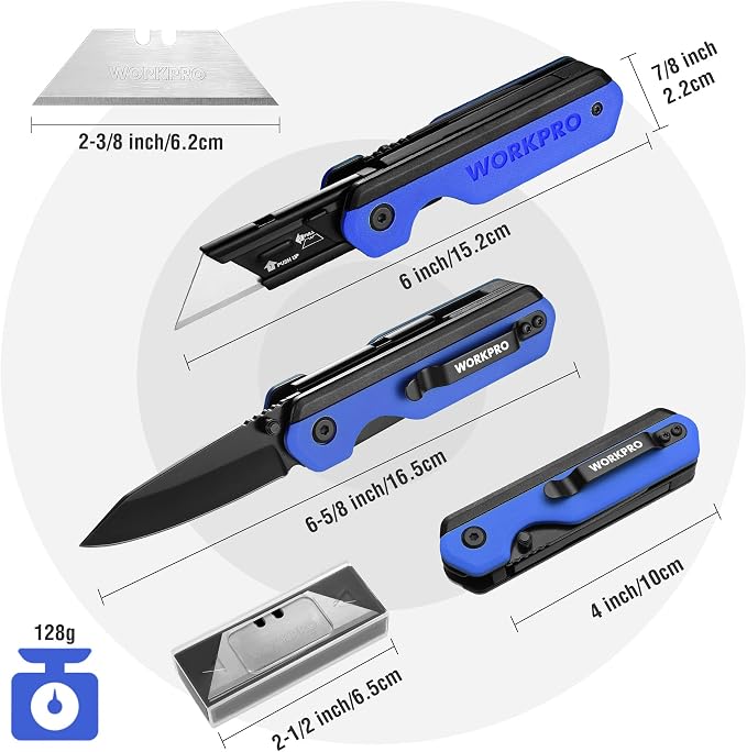 WORKPRO 2-in-1 Folding Knife/Utility Knife, Quick-Change Box Cutter with Belt Clip, Liner Lock, and G10 Handle, Extra 10 SK5 Blades Included, Blue