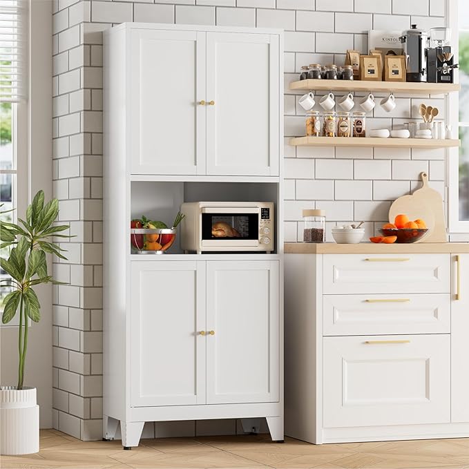 Bevivog 69" Tall Pantry Cabinet, Metal Kitchen Storage Cabinet with 4 Doors and 5 Shelves, Freestanding Metal Pantries Cupboard with Microwave Shelf for Kitchen,Dining Room,Bathroom,Laundry