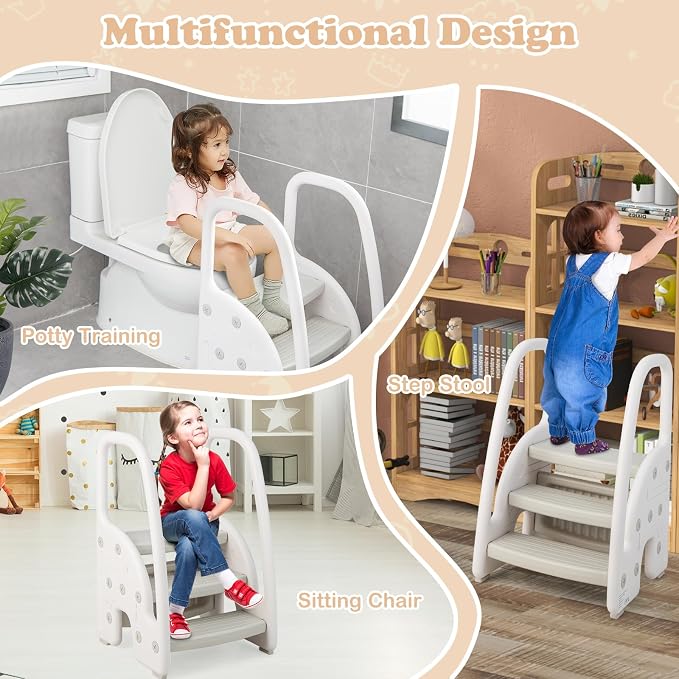 Costzon 3-Step Stool for Toddlers, Children Step Up Leaning Helper with Safety Handles, Non-Slip Pedals, Kids Standing Tower for Kitchen Counter, Bathroom Sink, Toilet Potty Training (Grey)