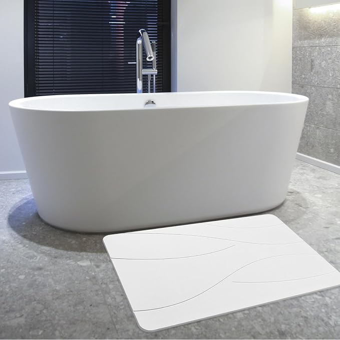 32"x20" Stone Bath Mat, Diatomaceous Earth Shower Mat, Non-Slip Super Absorbent Quick Drying Bathroom Floor Mat, Natural, Easy to Clean (Milky White)