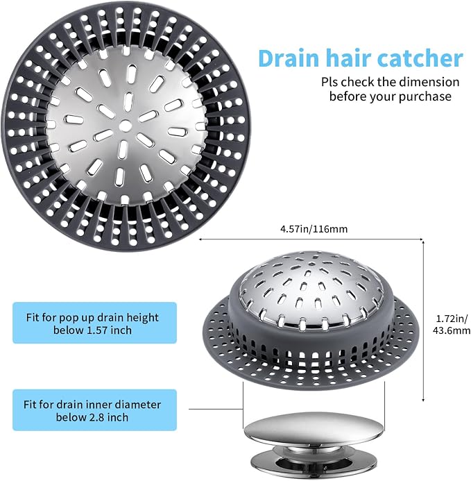 Aluvor Bathtub Drain Hair Catcher Shower Drain Cover Sink Drain Protector for Pop-Up & Regular Drains, Dark Gray