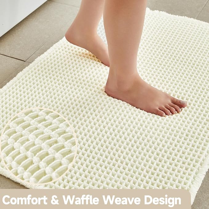 TYUU Cream White Long Bathroom Rugs, Waffle Runner Rug Bathroom Non Slip Washable Super Absorbent Quick Dry Boho Farmhouse Bath Mat, 60"x24" Cream White