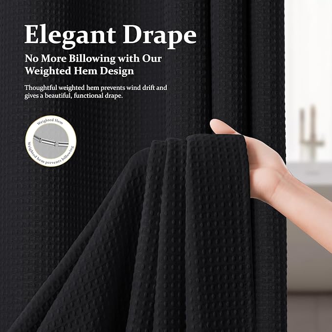 Dynamene Black Fabric Shower Curtain, Waffle Weave Heavy Duty Thick Fabric Shower Curtains for Bathroom, 256GSM Weighted Hotel Luxury Cloth Shower Curtain Set with 12 Plastic Hooks, 72Wx72H, Black