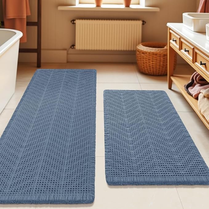 Upgrade Waffle Bath Mat Set 2 Piece, Boho Bathroom Rugs Absorbent Non Slip, Ultra Soft Bathroom Mat, Machine Washable Knit Bath Rugs with Herringbones for Bathroom,Bedroom,Kitchen, Shower, Tub, Blue