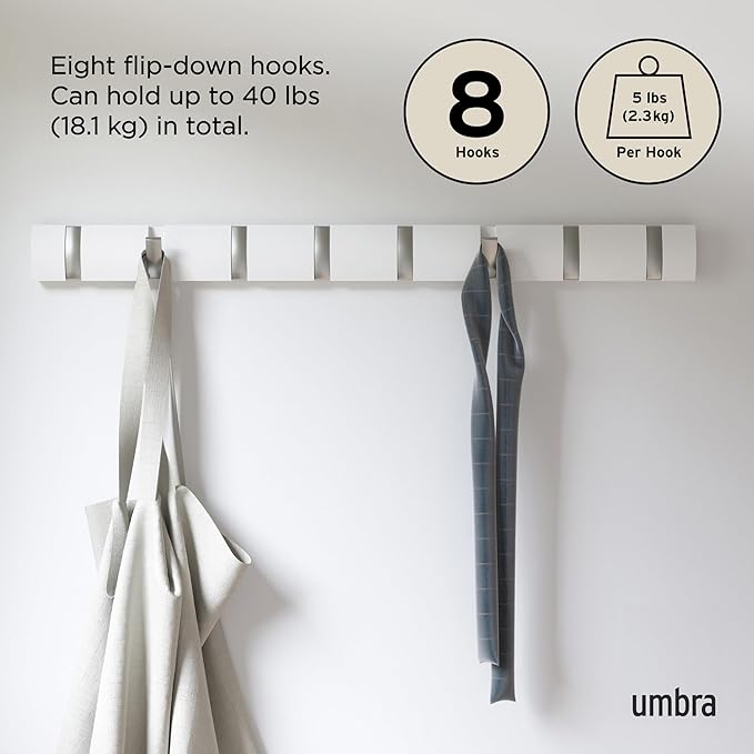Umbra Flip Wall-Mounted Coat Rack with 8 Hooks – Modern, Space-Saving Storage for Hats, Jackets, Bags, Entryway, Mudroom, Closet, Bathroom, Bedroom – White/Nickel