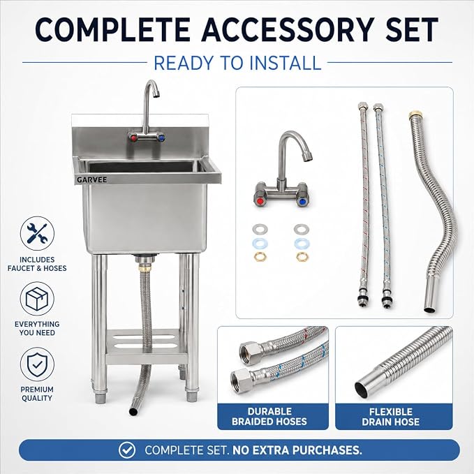 Freestanding Utility Sink 21" x 18" x 41", Stainless Steel American Style Single Bowl with T-Shaped Faucet, Cold Gray Finish, Compact Laundry Room, Balcony, Small Utility Spaces, Easy Clean Surface