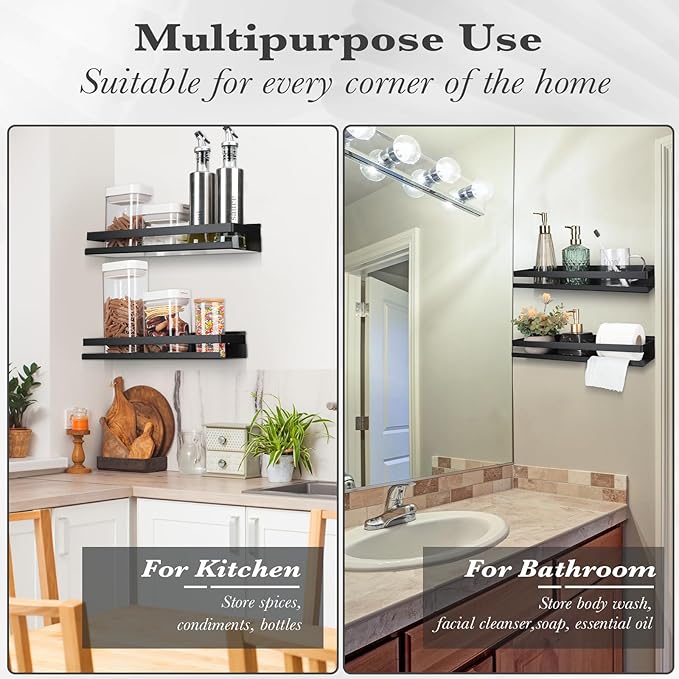 Lallisa 2 Pieces Stainless Steel Shelf Bathroom Shower Floating Shelves Wall Mounted Shower Caddy Basket Shelf Storage Organizer Shelves for Bathroom, Kitchen, Living Room(11.81 Inch/ 30 cm,Black)