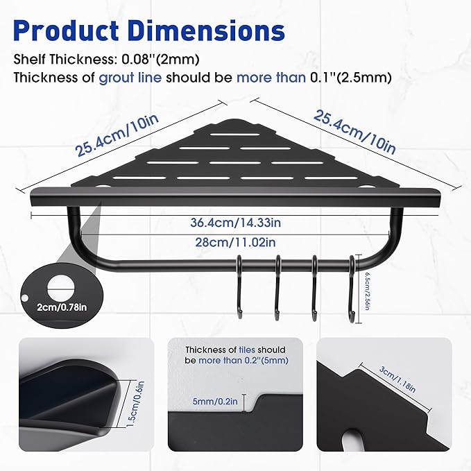 Corner Shower Shelf, 10'' Shower Corner Shelf with Towel Bar & Hooks, 304 Stainless Steel Recessed Bathroom Shelves, No Drilling for Tiled Wall, 2-Pack (Matte Black)