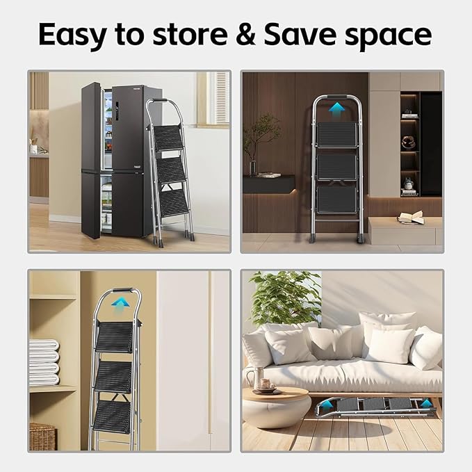 600Lbs Heavy Duty Step Ladder Foldable Folding Stool - for Home Adults Kitchen 3 Stepping Extension Tall with Handrails - Closet Stepstool Stair Ladders Extendable Stepladder for Indoor House