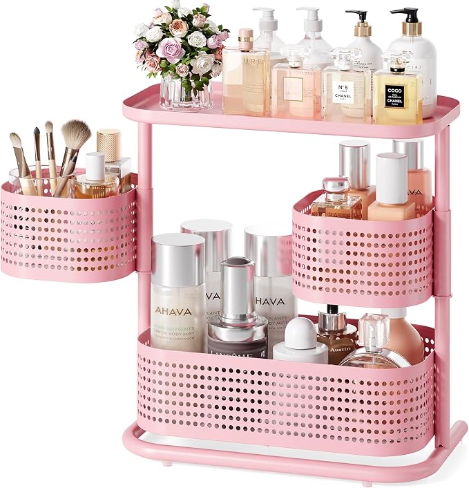 KINGRACK 3 Tier Pink Bathroom Counter Organizer, Rotating Makeup Organizer for Vanity, Perfume & Skincare Standing Shelf, Vanity Tray for Bathroom Countertop Storage, Pink