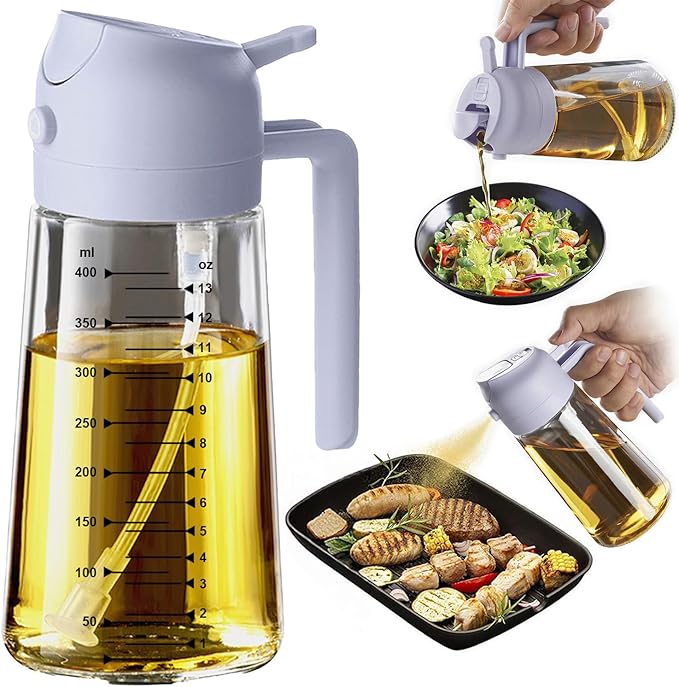 TrendPlain 16oz/470ml Glass Olive Oil Sprayer for Cooking - 2 in 1 Olive Oil Dispenser for Kitchen Gadgets, Air Fryer, Salad, and BBQ - Periwinkle
