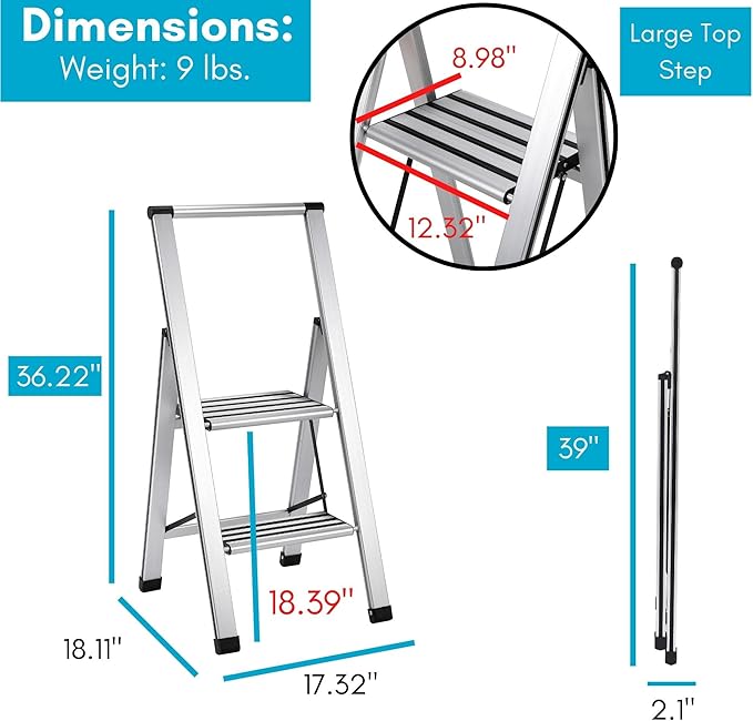 BIRDROCK HOME 2 Step Ladder | Folding Anti-Slip Step Stool, 250 lb Capacity | Lightweight, Slim & Sturdy Design for Household, Kitchen, Garage, Indoor & Outdoor Use | Collapsible, Portable, Heavy-Duty