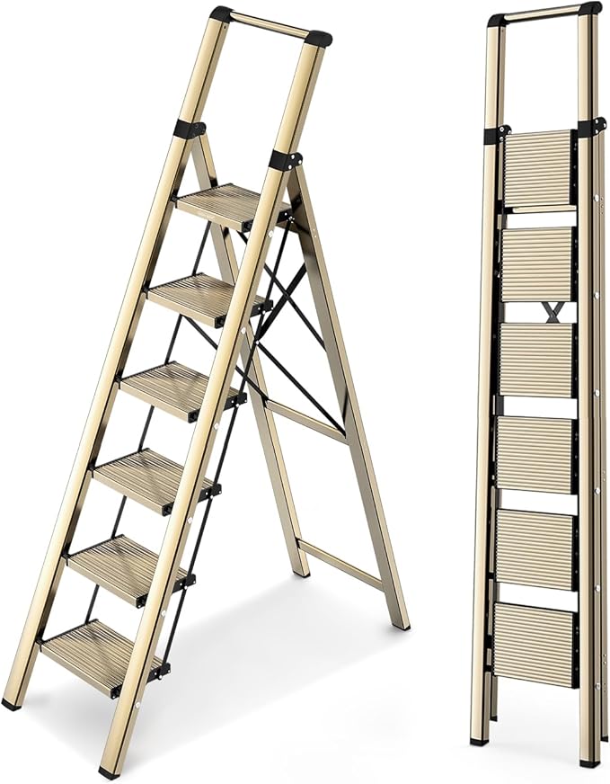 WOA WOA 6 Step Ladder, Lightweight Folding Ladder with Non-Slip Wide Pedals, Ladder with Safe Grip Handle, Easy to Open and Close, Suitable for Home and Outdoor - Brown Gold