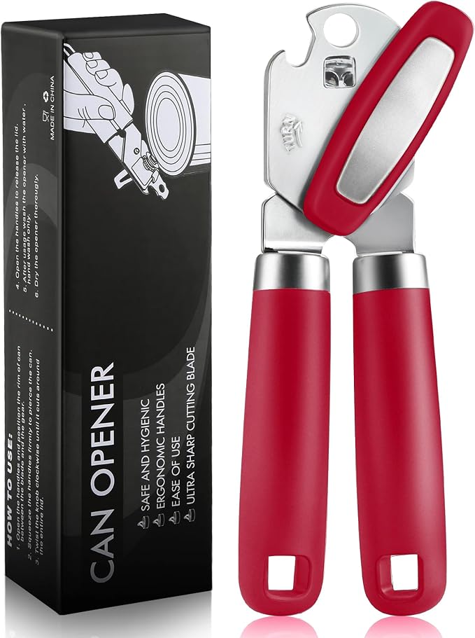 Multifunctional Can Opener Manual, Durable Heavy Duty Handheld Strong Can Opener with Smooth Cutting Edge, Friendly Kitchen Essentials Tool for Seniors, Camping and Bottle Opening-Red