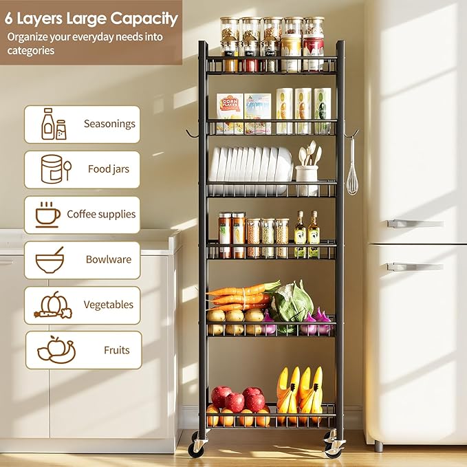 6 Tier Slim Storage Cart, Narrow Rolling Cart with Wheels, Narrow Mobile Utility Shelf Unit Organizer for Kitchen, Bathroom, Laundry Room, Living Room, Small Places, 10in(W), Black